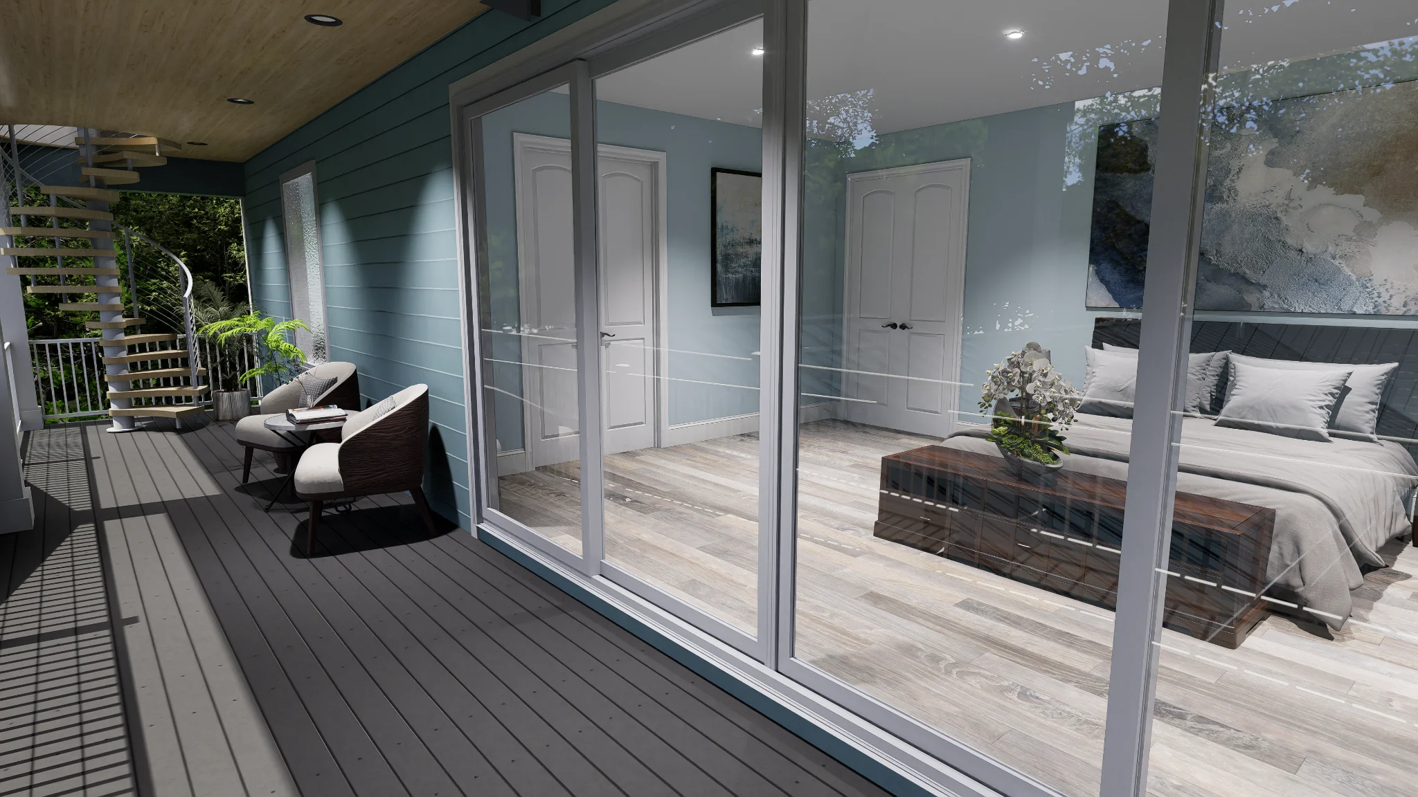 Bedroom view through large sliding glass doors to a covered balcony porch with modern coastal finishes