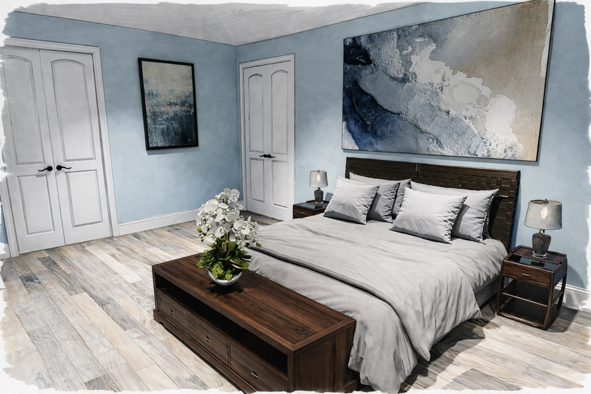 Sketch-style rendering of a modern master bedroom with neutral bedding, wall art, and contemporary furnishings