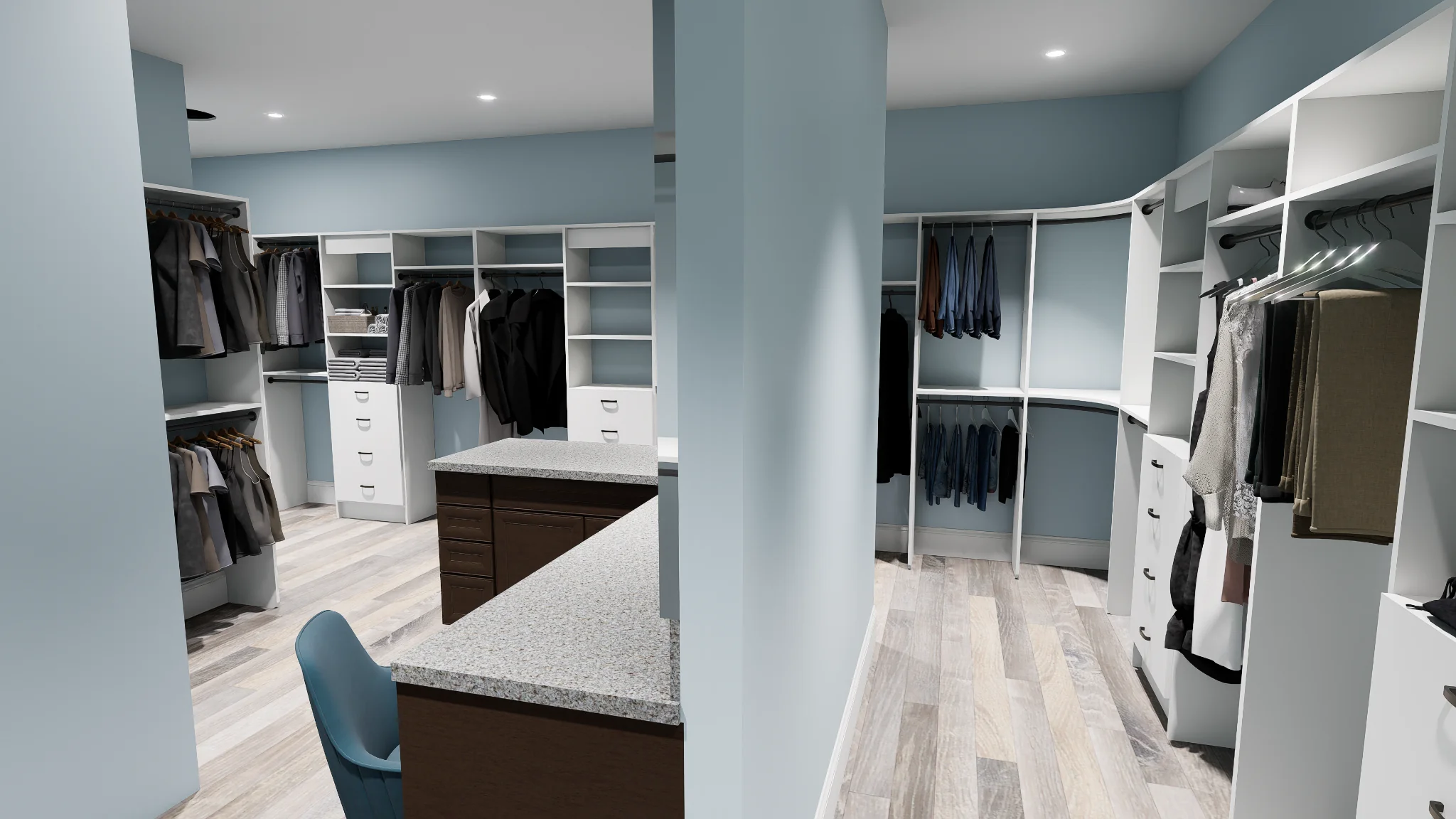 Master closet layout with center island, custom shelving, double-hang storage, drawers, and recessed lighting