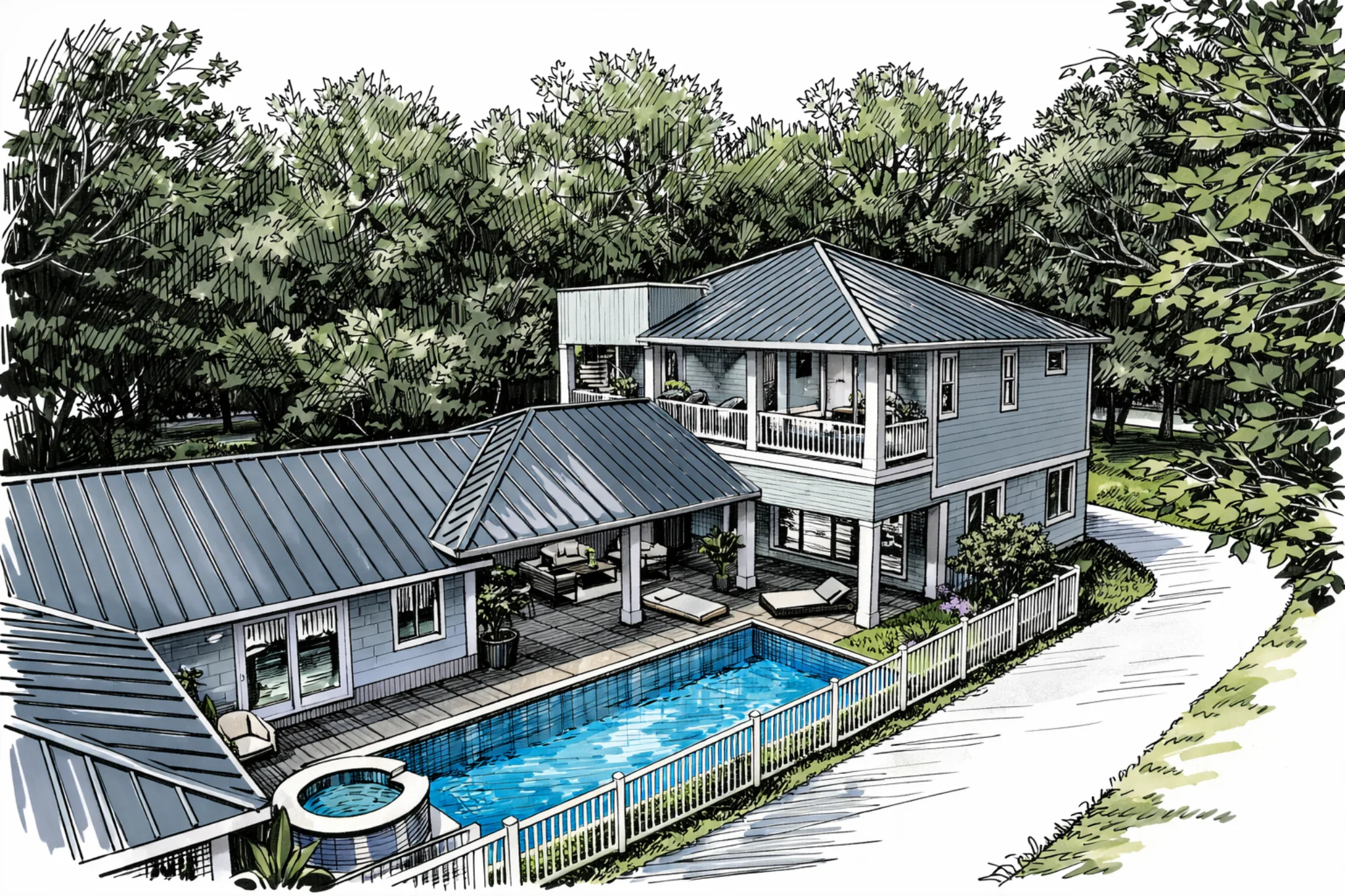 Sketch-style rendering of a modern coastal home exterior with pool, covered patio, and second-floor balcony