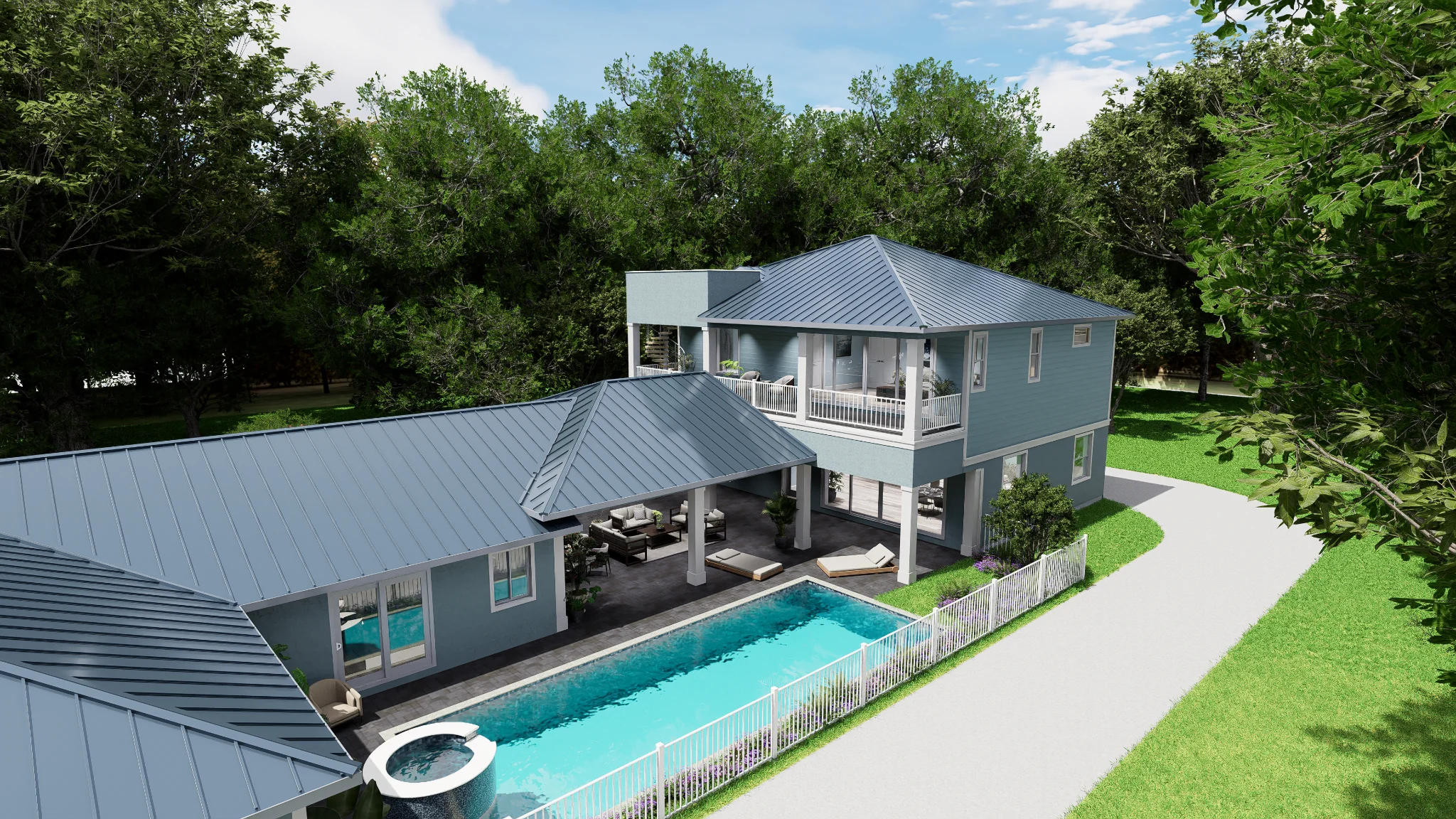 Modern coastal home exterior with metal roof, pool, covered patio, and second-floor balcony