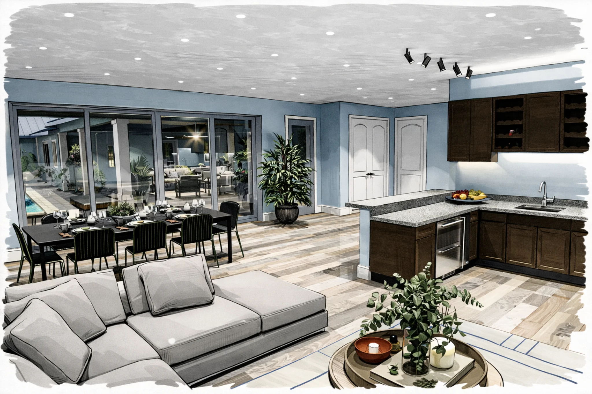 Sketch-style rendering of an open concept living room and kitchen with dining area and large sliding doors to patio