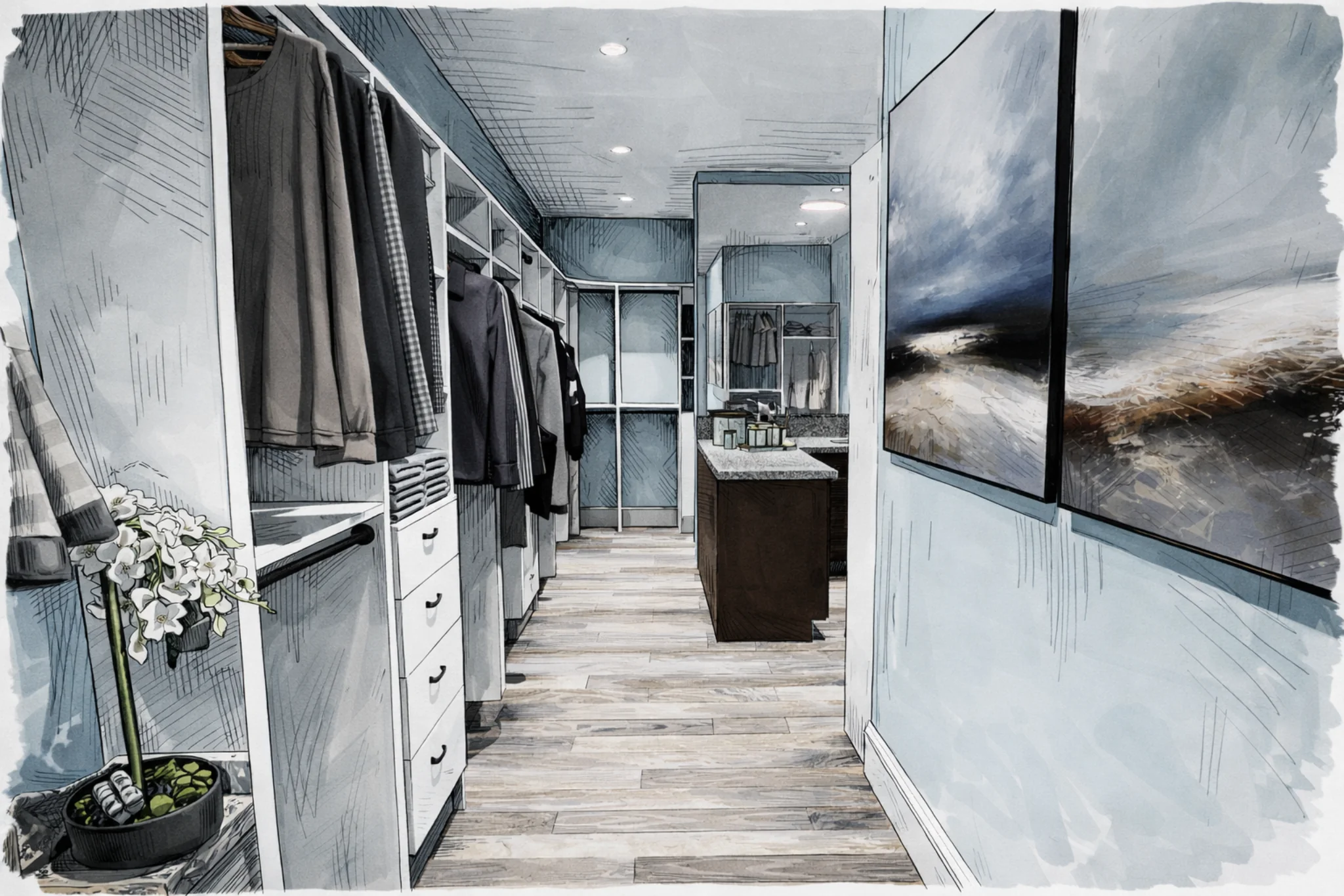 Sketch-style rendering of a modern walk-in closet with built-in shelving, drawers, hanging racks, and center island