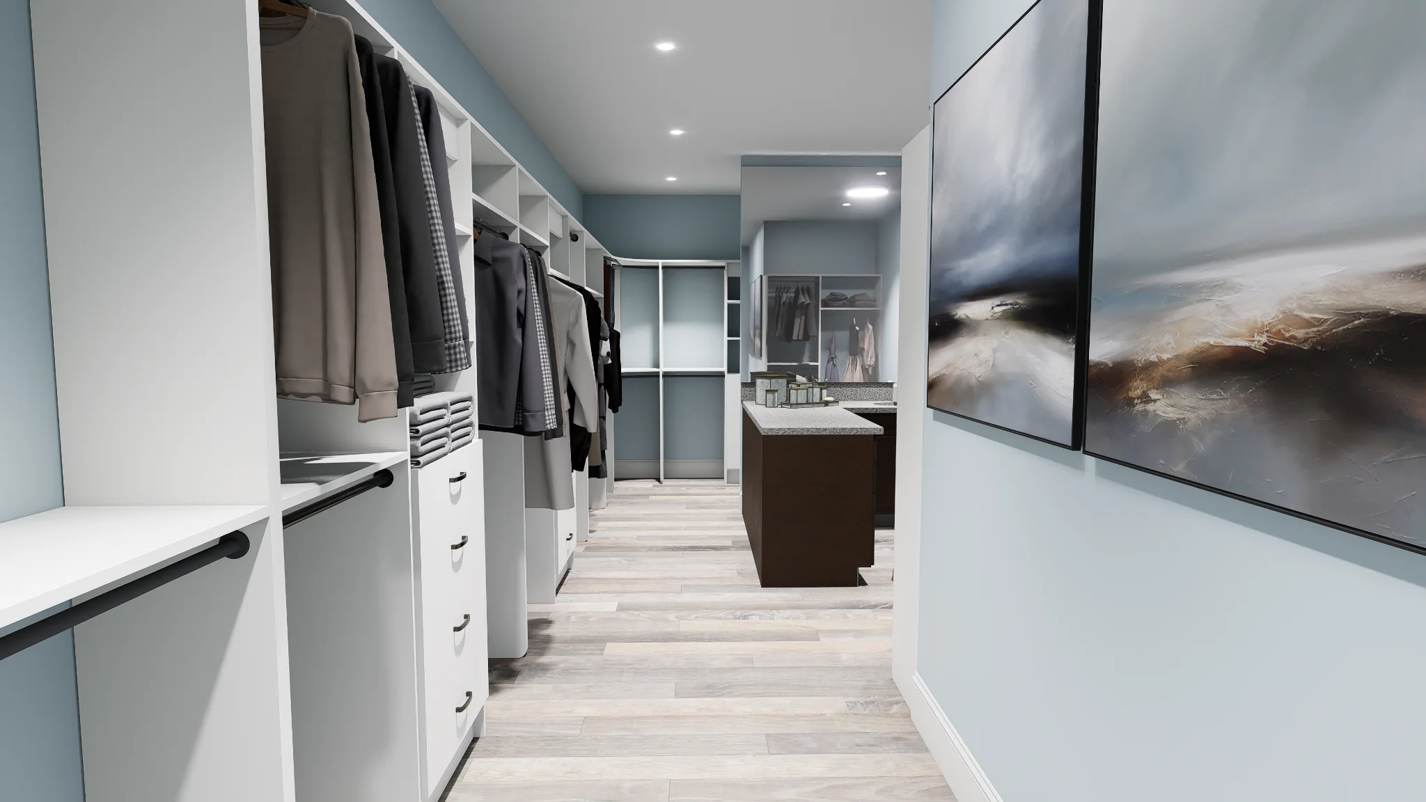 Modern walk-in closet design with built-in shelving, hanging racks, drawers, and center island